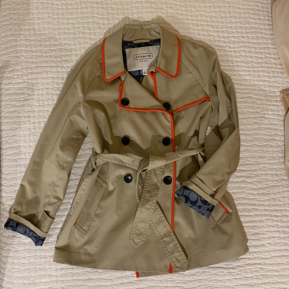 Coach Tan Trench Coat with Orange Trim
